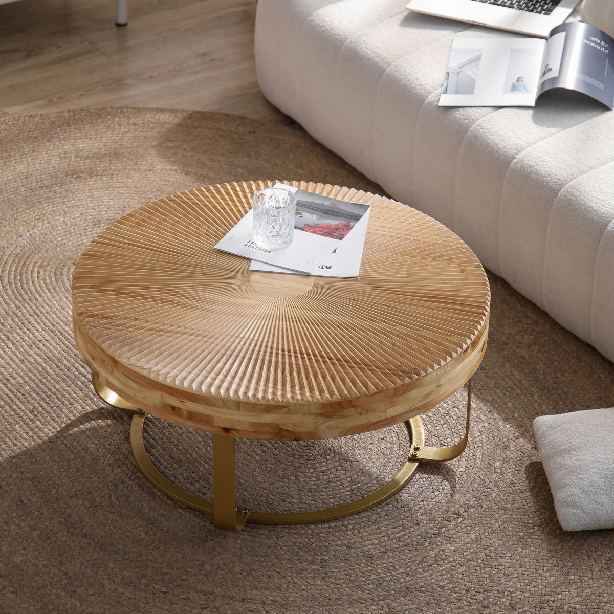 Modern Round Coffee Table With Wooden Carving Pattern