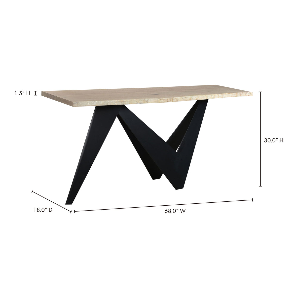 Console table 68"W x 30"H x 18"D, light wood top and black V metal legs