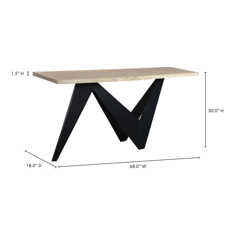 Console table 68"W x 30"H x 18"D, light wood top and black V metal legs