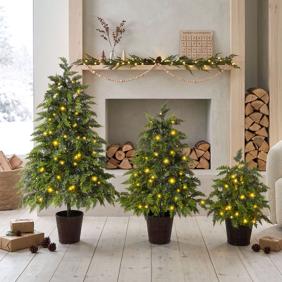 Three green artificial Christmas trees with cascading branches, warm LED lights, and woven pots.