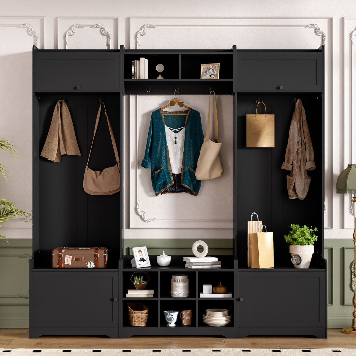 Wide Hall Tree With Shoe Storage, 4 In 1 Entryway Bench With 8 Cubbies, 7 Coat Hooks & Adjustable Shelf For Hallway - Black
