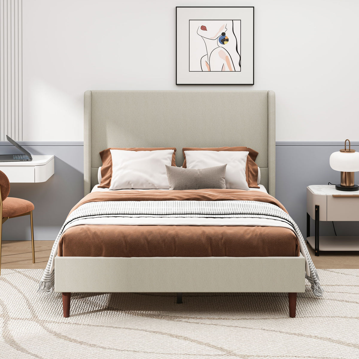 Beige upholstered bed with tall panel headboard and wood legs, viewed from the front