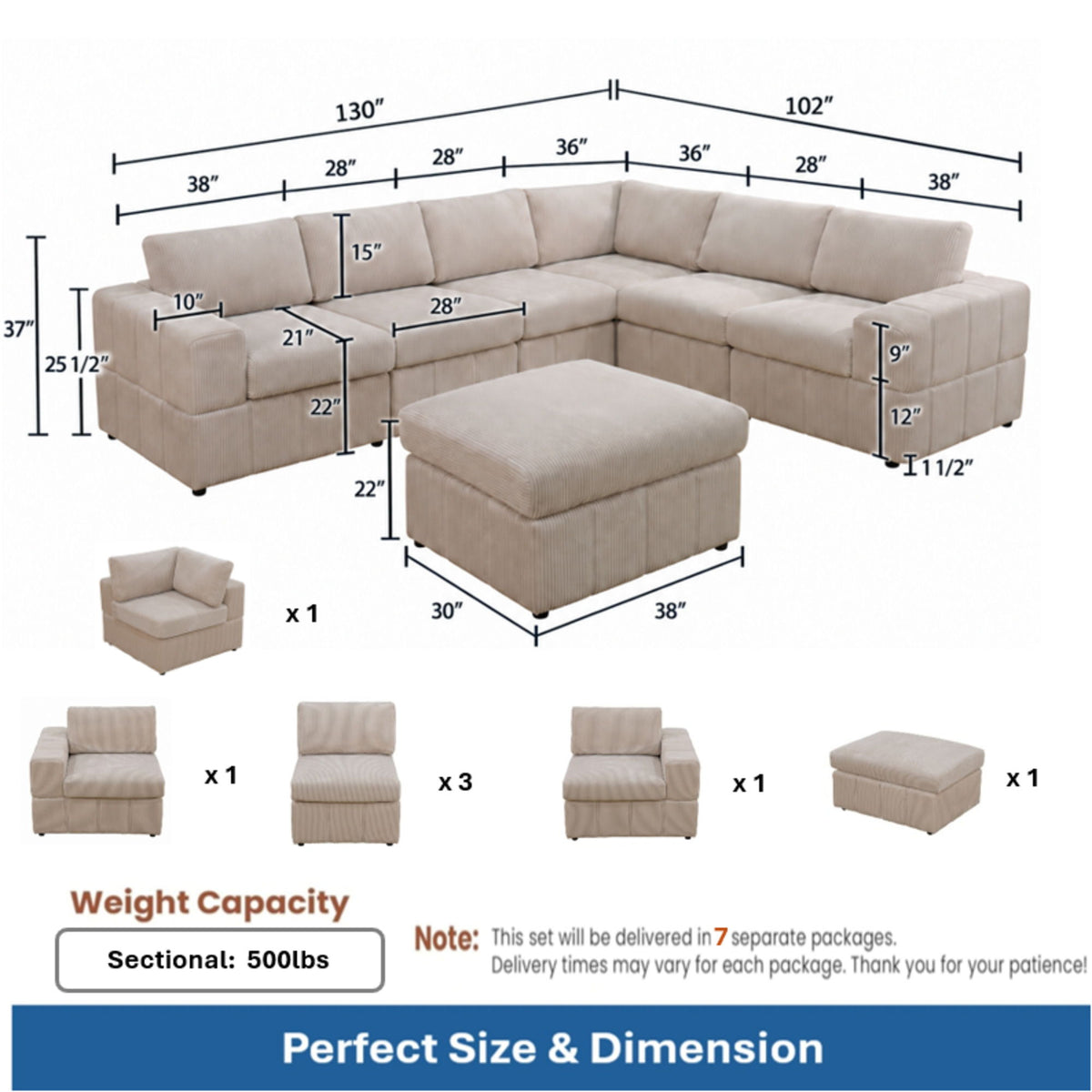 Beige sectional sofa with ottoman, dimension markings, and modular piece layout.