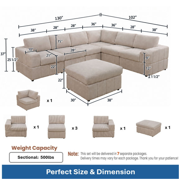 Beige sectional sofa with ottoman, dimension markings, and modular piece layout.