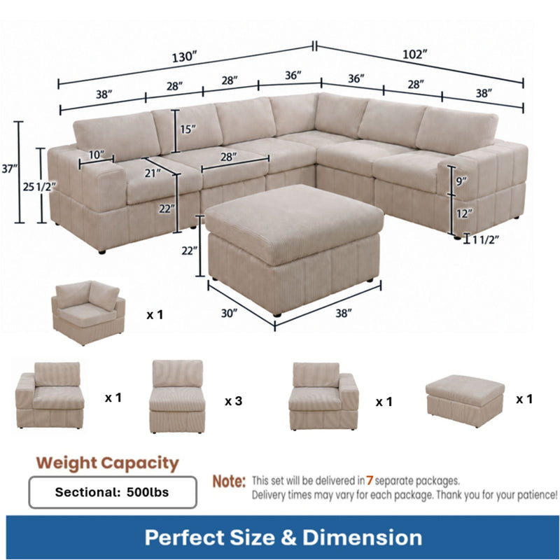 Beige sectional sofa with ottoman, dimension markings, and modular piece layout.