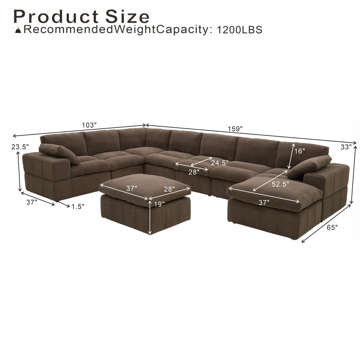 Dark brown L-shaped sectional and two ottomans with dimension markings