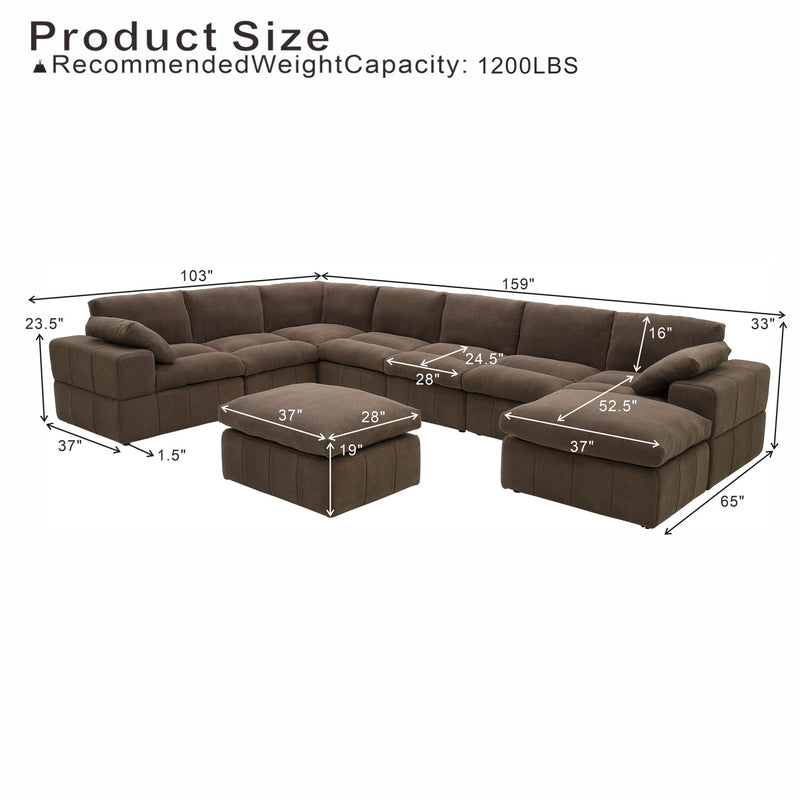 Dark brown L-shaped sectional and two ottomans with dimension markings