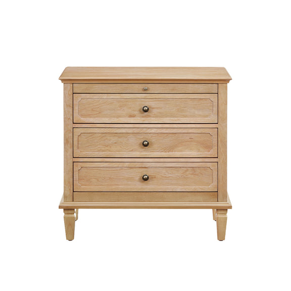 Light brown three-drawer nightstand with decorative drawer fronts and tapered legs