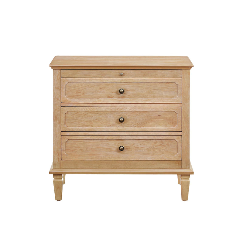 Light brown three-drawer nightstand with decorative drawer fronts and tapered legs