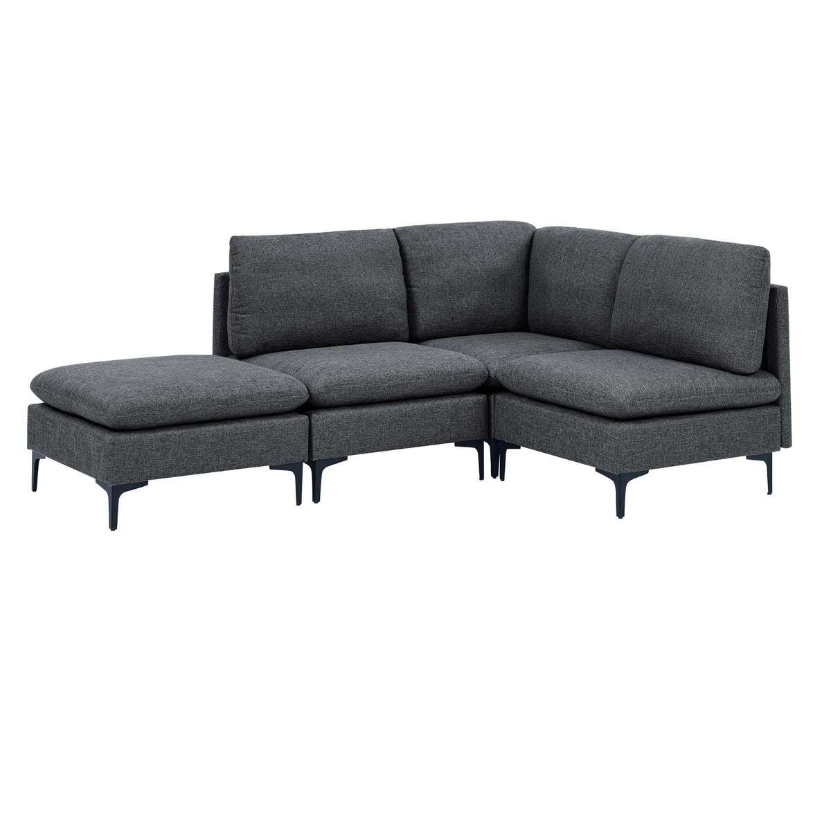 Dark gray upholstered modular sectional with tall legs and chaise ottomans, medium-firm seat