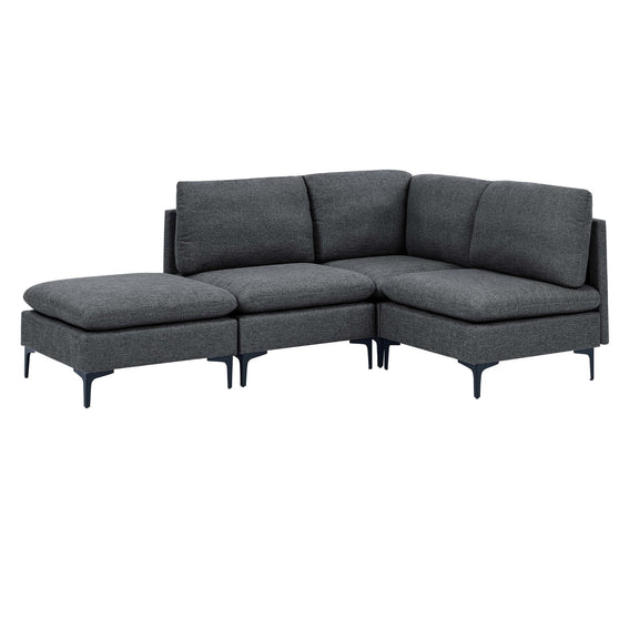 Dark gray upholstered modular sectional with tall legs and chaise ottomans, medium-firm seat