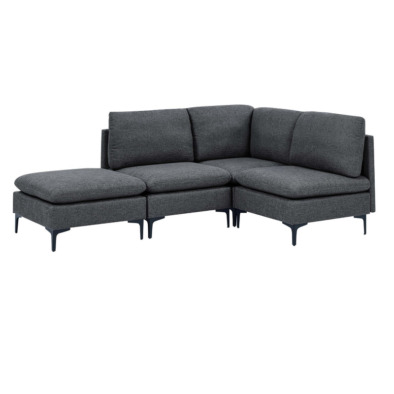 Dark gray upholstered modular sectional with tall legs and chaise ottomans, medium-firm seat