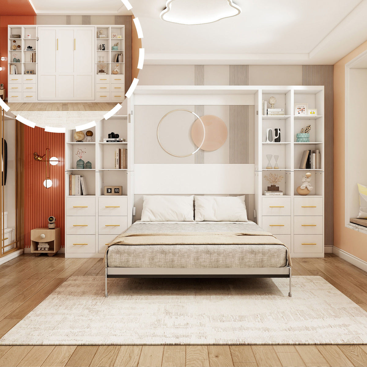 Vertical Murphy wall bed system with built-in shelves and drawers, white cabinet, unfolded