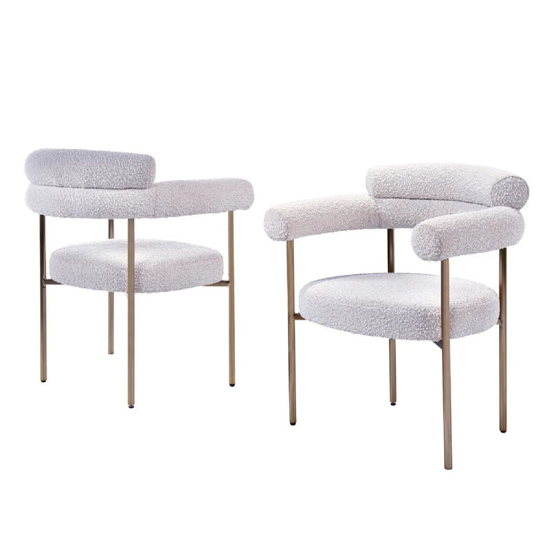 Beige dining chairs with armrests (set of 2), rounded seat and back, gold legs