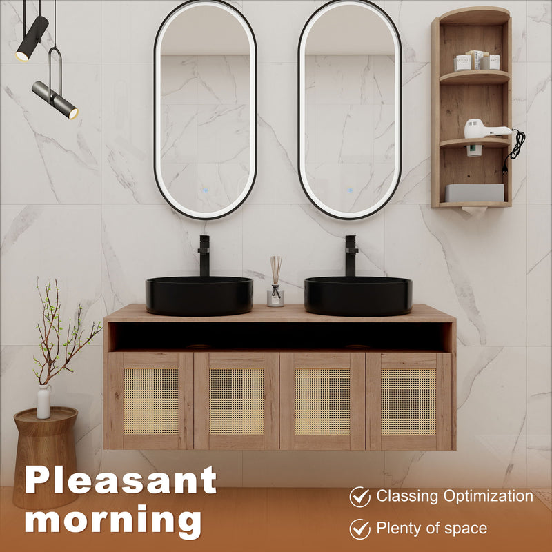 Bathroom vanity with two black vessel sinks and rattan cabinet doors, plus tall wall storage shelf.