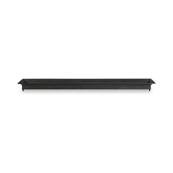 Gray rectangular tray with low raised sides and flat lip
