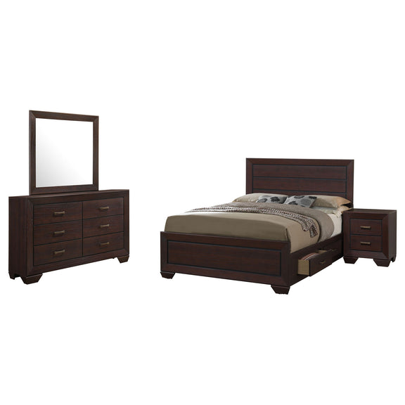 Dark brown bedroom set with panel bed, nightstands, dresser, and mirror, coordinated matching finish