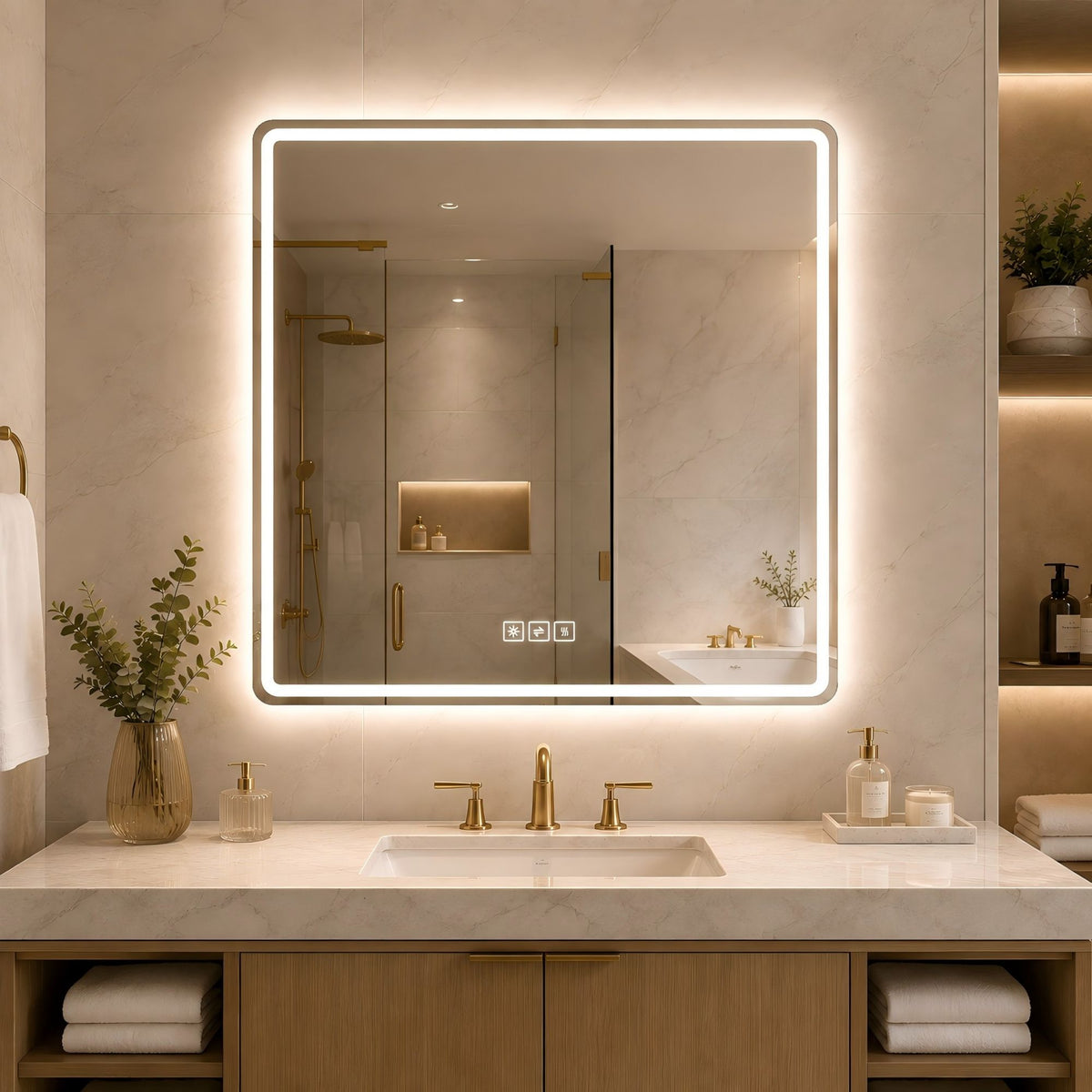 Square LED bathroom mirror with illuminated border and built-in touch control icons
