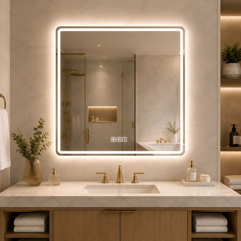 Square LED bathroom mirror with illuminated border and built-in touch control icons