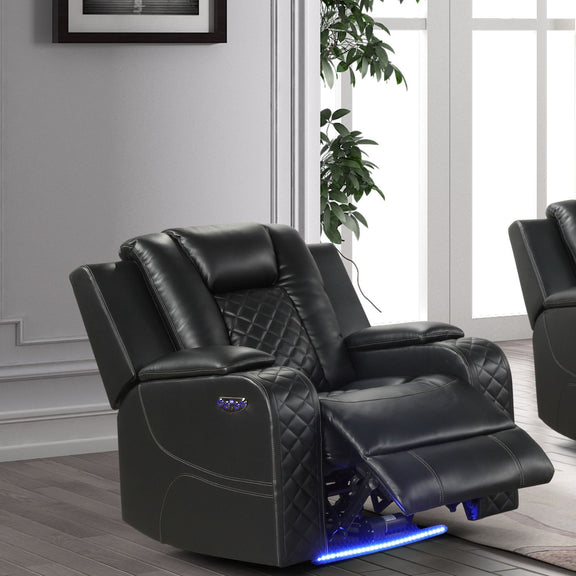 Black power recliner chair with adjustable headrest, reclined footrest, and LED lighting along base.