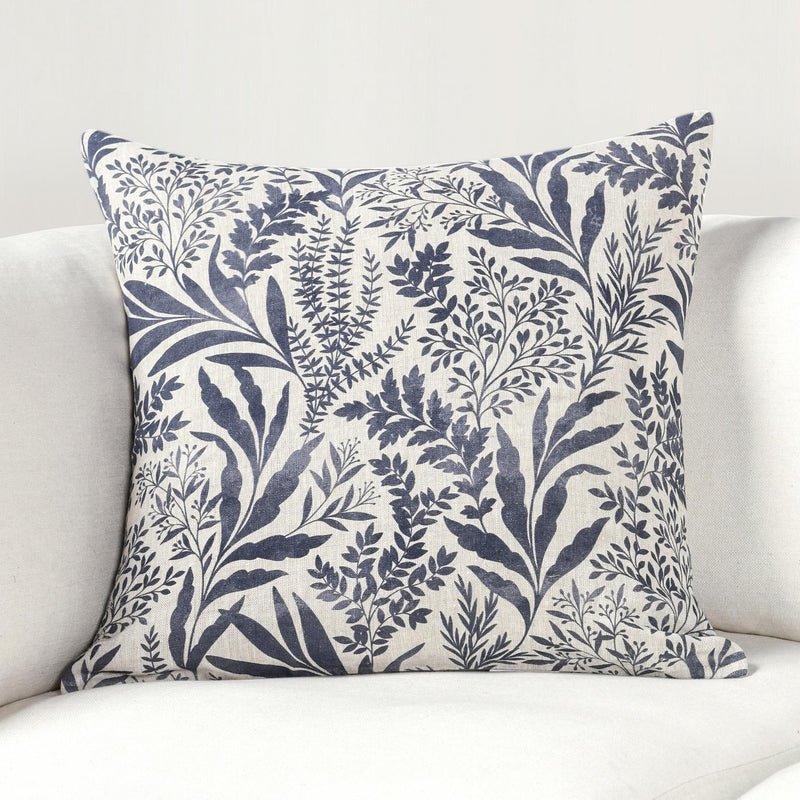 Rectangular pillow with denim blue and white botanical leaf print
