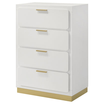 Four-drawer chest in white with gold bar pulls and flat front panels