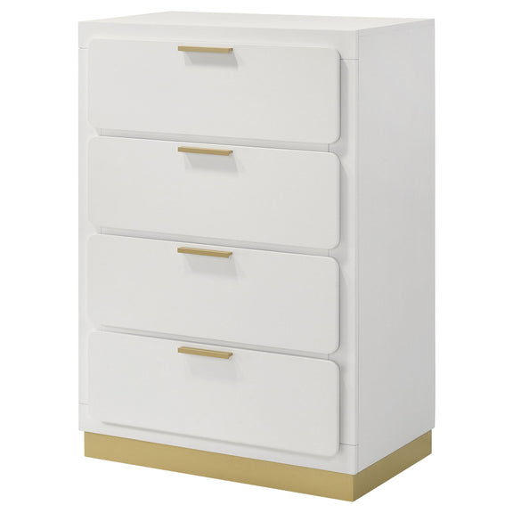 Four-drawer chest in white with gold bar pulls and flat front panels