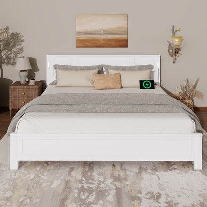 King Size Bed with Tall-Panel Headboard & Footboard, Built-in LED Lights, USB Charging Station, Pinewood Bed with Strengthened Bed Frame, White