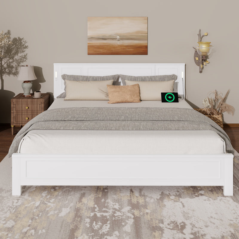 King Size Bed with Tall-Panel Headboard & Footboard, Built-in LED Lights, USB Charging Station, Pinewood Bed with Strengthened Bed Frame, White