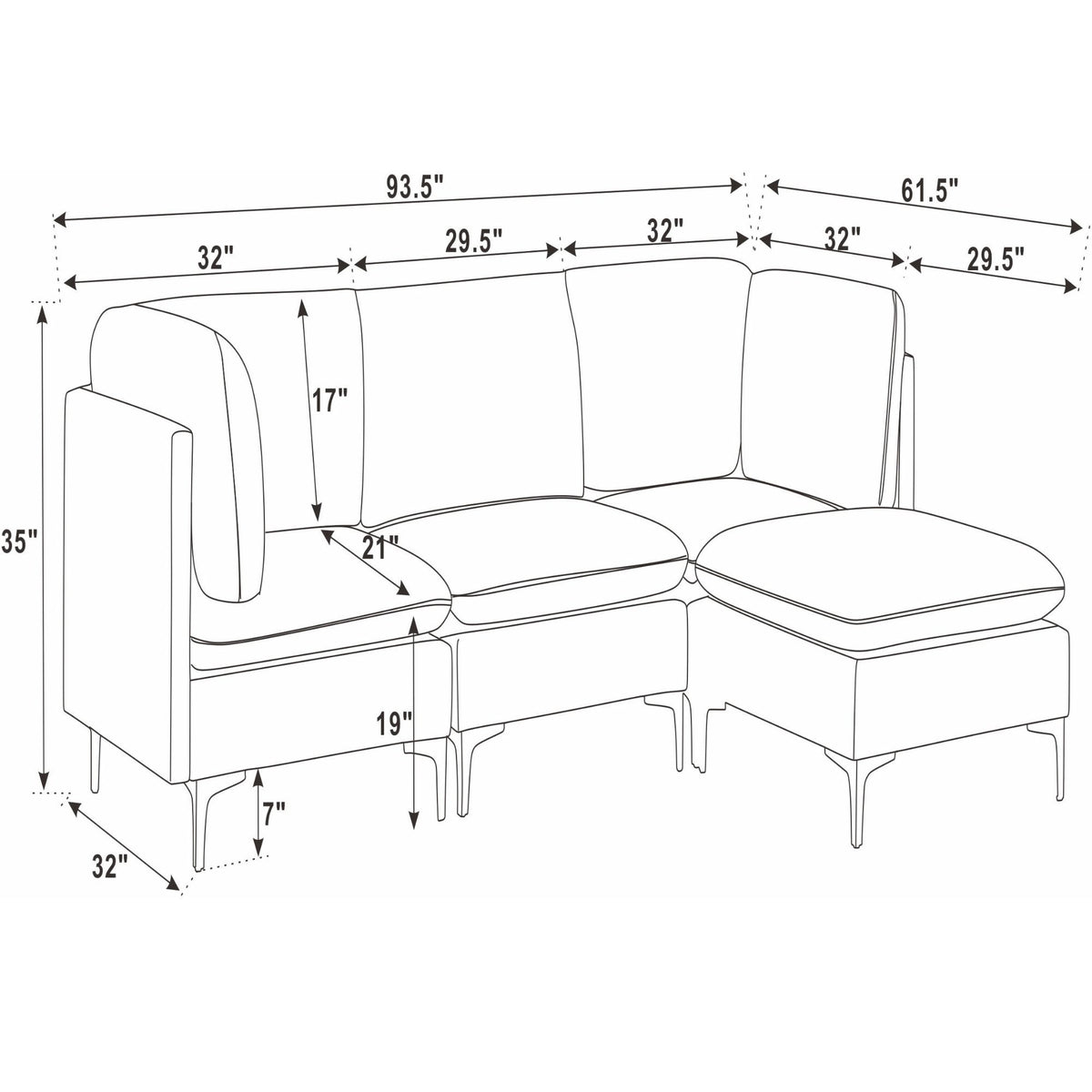 Beige sectional sofa with chaise ottoman and tall legs; dimension diagram