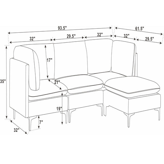 Beige sectional sofa with chaise ottoman and tall legs; dimension diagram