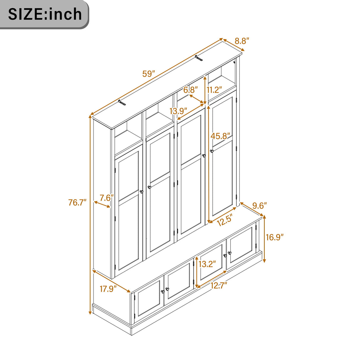 Hall tree size diagram showing measurements for cabinet and bench sections.