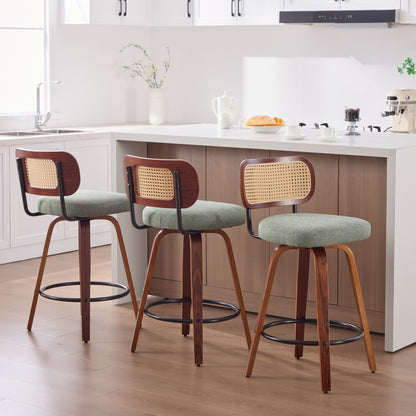 Set of 3, 26-Inch Counter Height Bar Stools - Walnut Black, Cane Rattan Back, Light Green Linen Upholstered Seat, Swivel Design for Kitchen Island/Bar/Counter,SW3766OL