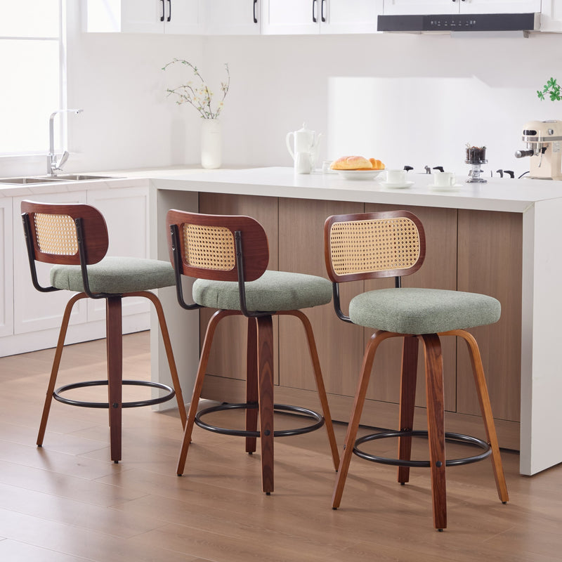 Set of 3, 26-Inch Counter Height Bar Stools - Walnut Black, Cane Rattan Back, Light Green Linen Upholstered Seat, Swivel Design for Kitchen Island/Bar/Counter,SW3766OL