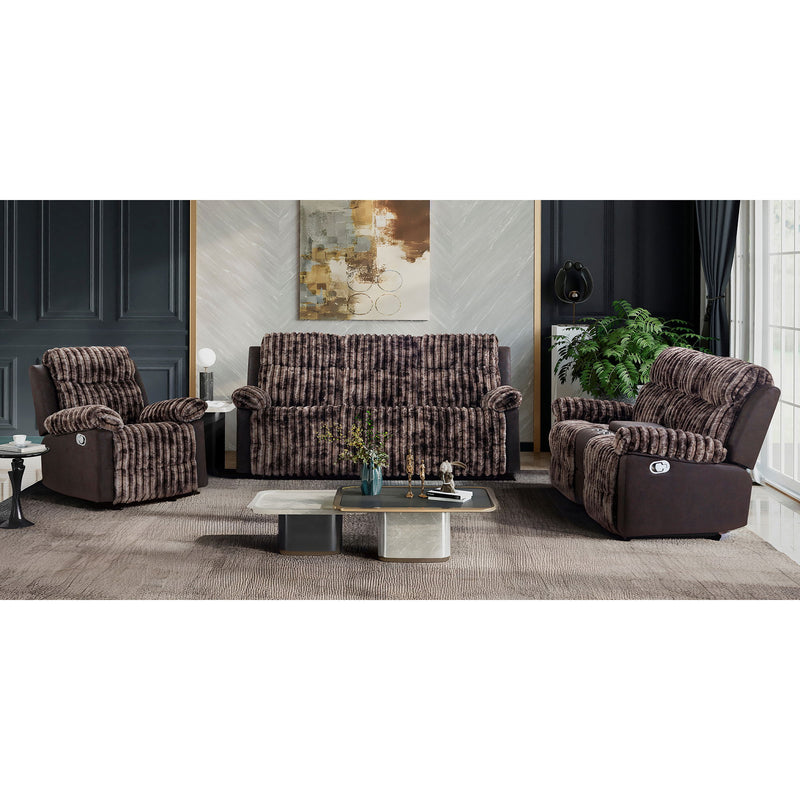 Brown corduroy manual recline sofa with padded arms, backrest, and headrests