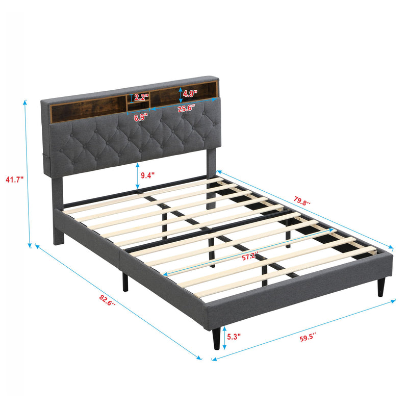 Modern Upholstered Platform Bed Frame With Button Tufted Headboard And USB Ports