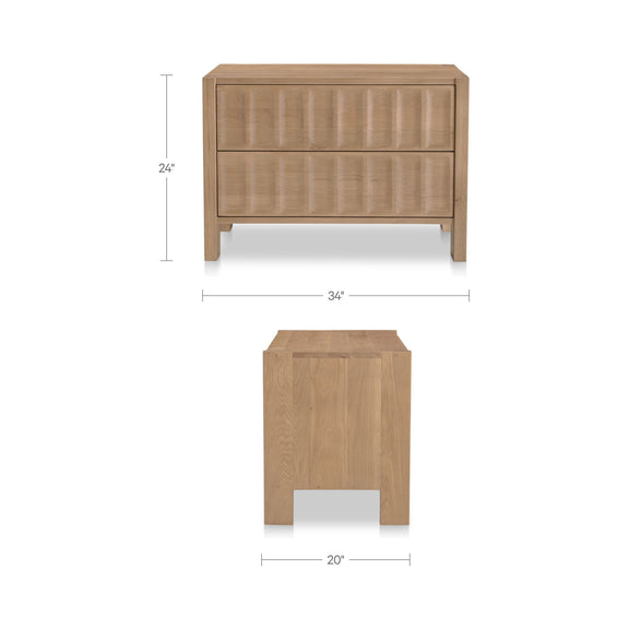 Natural wood nightstand with two drawers; front and side size diagram included.