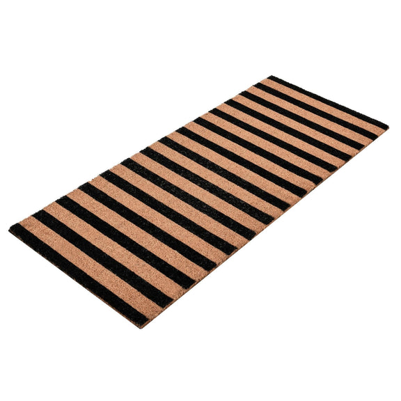 Striped doormat with black and tan bands on a low-profile, textured fabric mat