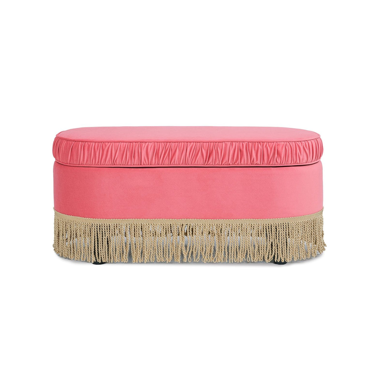 Pink oval storage ottoman bench with gathered top and gold fringe skirt