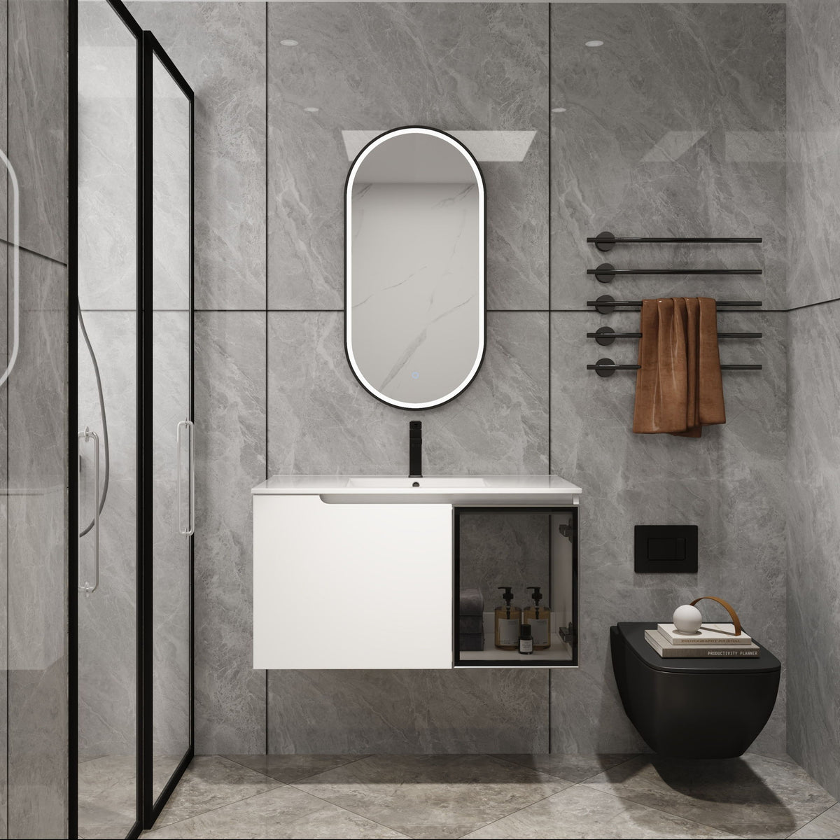 Wall-mounted white bathroom vanity with sink, two doors and lower cabinet storage