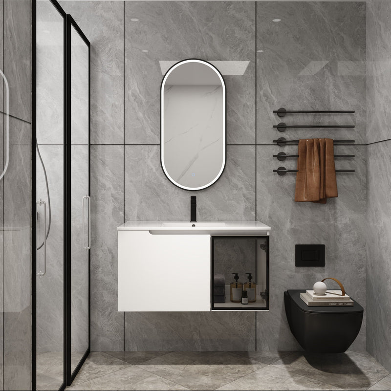 Wall-mounted white bathroom vanity with sink, two doors and lower cabinet storage