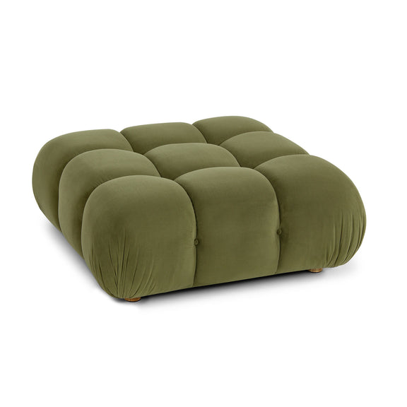 Olive green modular ottoman with tufted cushion blocks and low fabric-covered legs