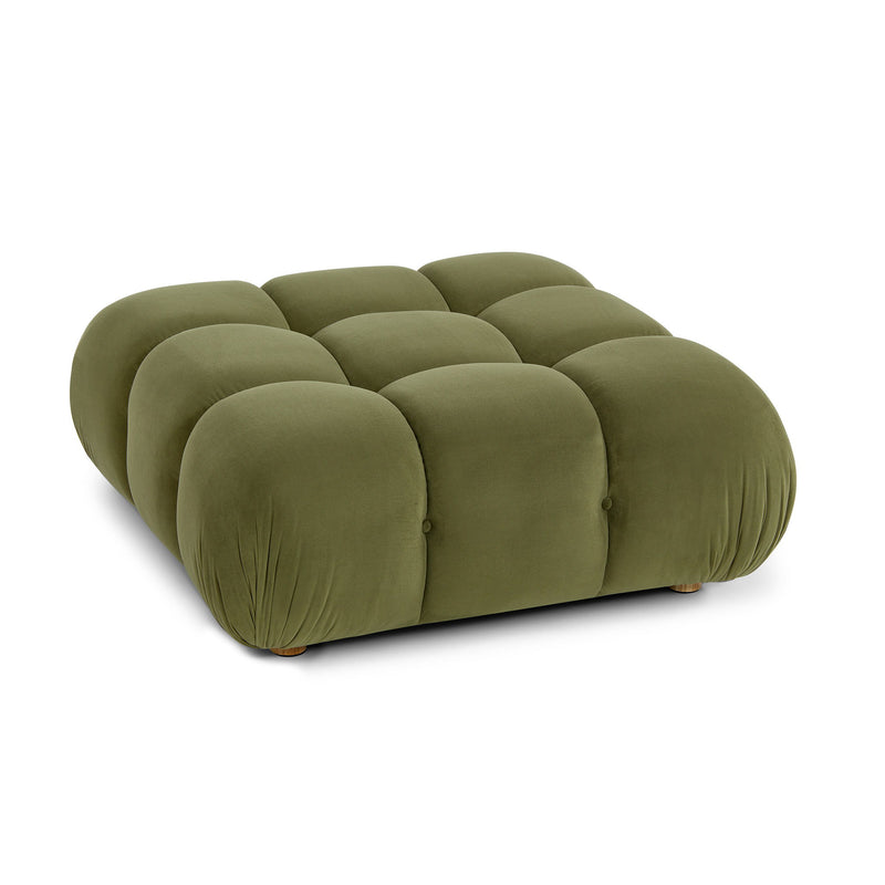 Olive green modular ottoman with tufted cushion blocks and low fabric-covered legs