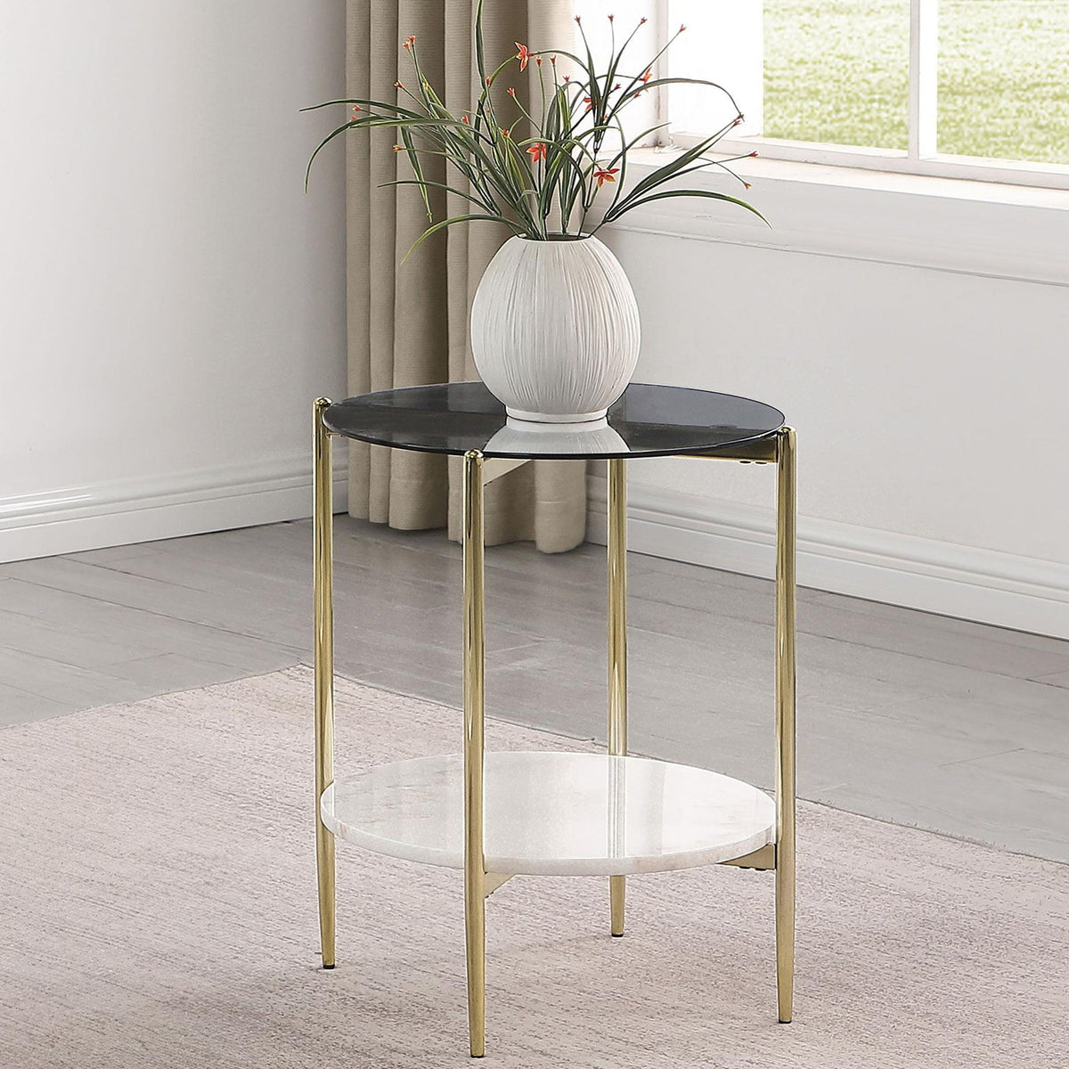 Jonelle Round Glass Top End Table White Marble Shelf Gold