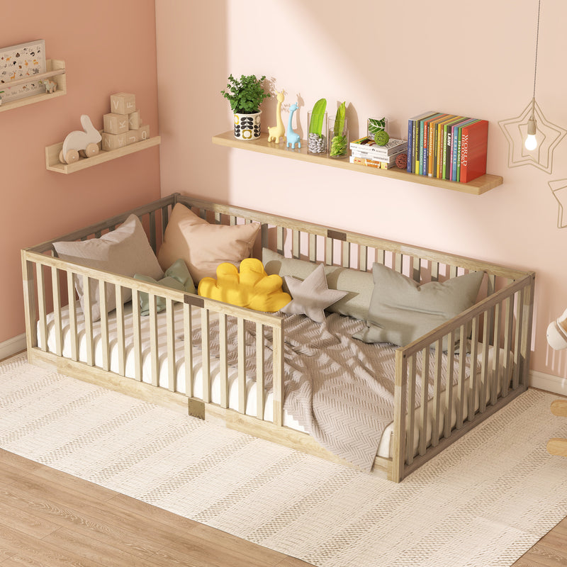 Twin Size Floor Bed with High Fence Railings, 6 Slats Included, Rubber Wood Floor Bed with Safety Guardrails, without Door, Natural
