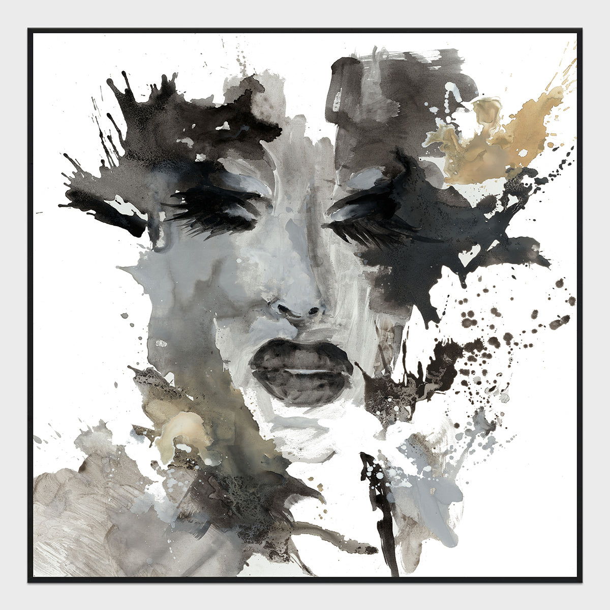 Framed abstract portrait painting in gray tones with gold-tan paint splashes and black accents