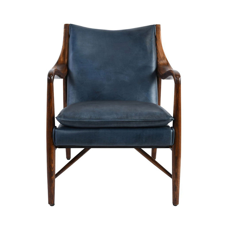 Kiannah club chair with blue upholstered seat and back, walnut wood arms and square cushion
