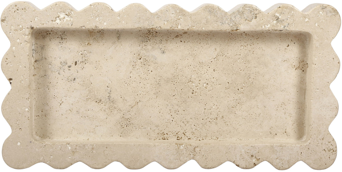 Beige genuine marble tray with scalloped edges and rectangular recessed center.