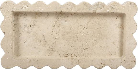 Beige genuine marble tray with scalloped edges and rectangular recessed center.