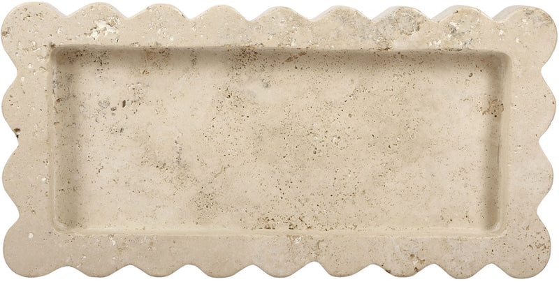 Beige genuine marble tray with scalloped edges and rectangular recessed center.